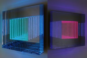 tunnel view square, plexiglas metal mirror led light with colour change, 2011