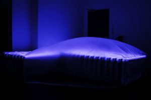 blue bed, fluorescent lamps and metal, kaiser friedrich, berlin, germany, 2003