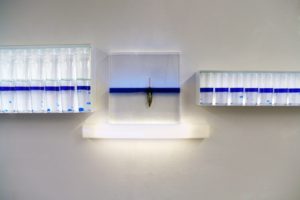sensitive balance (detail view), glass metal glass bobber blue silicon oil water, neuer kunstverein aschaffenburg, germany, best before…. 2007